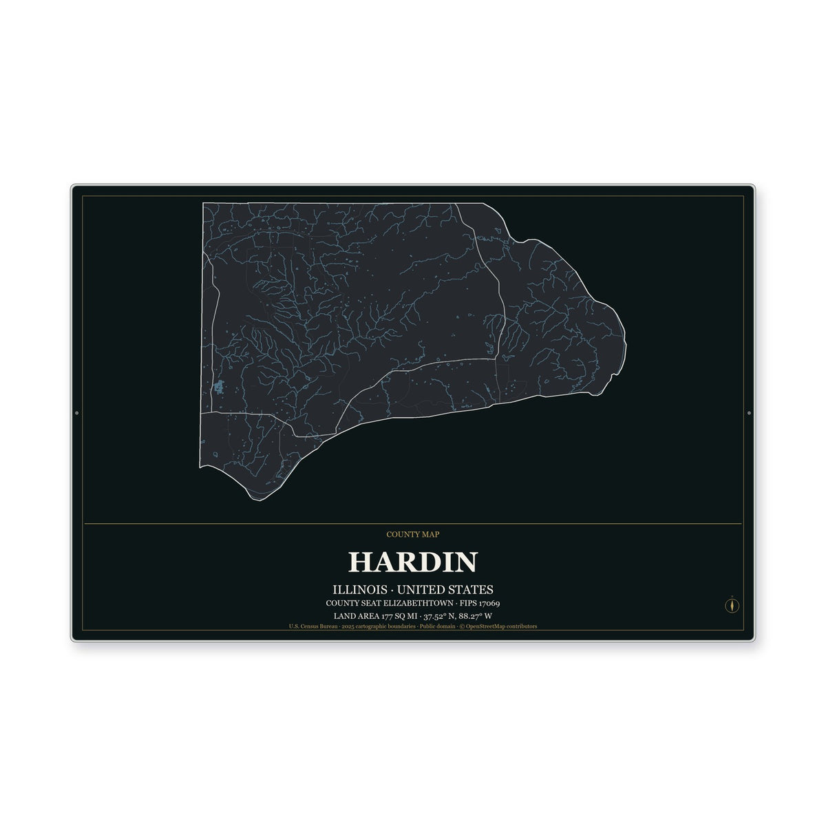 Hardin County, Illinois Map Aluminum Sign in Metropolitan Noir style