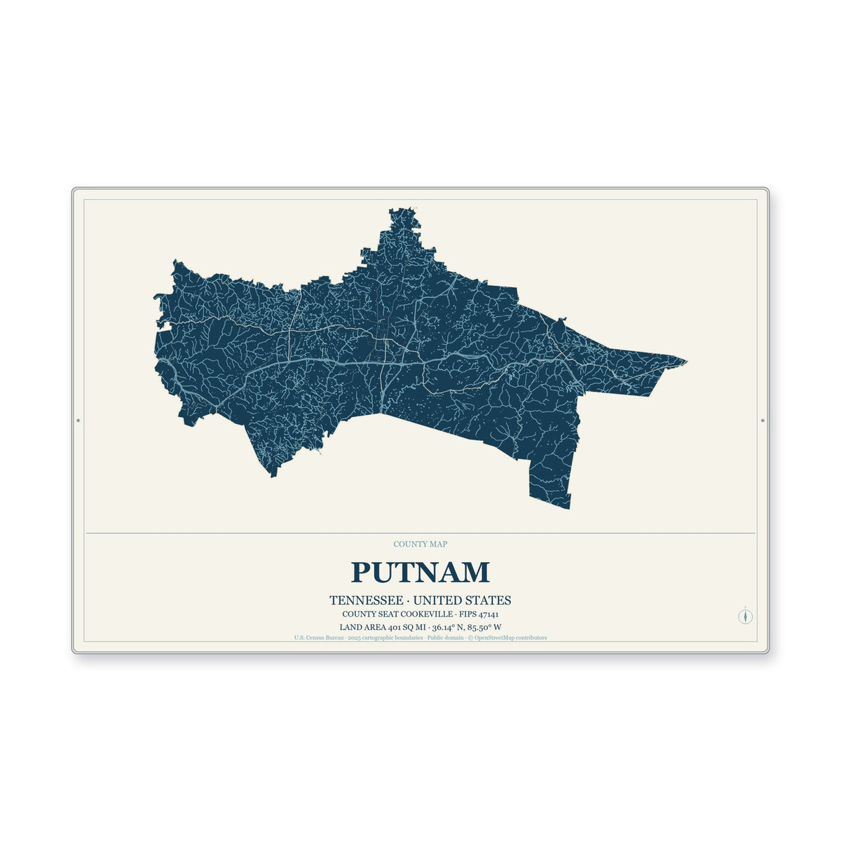 Putnam County, Tennessee Map Aluminum Sign in Coastal Cutout style