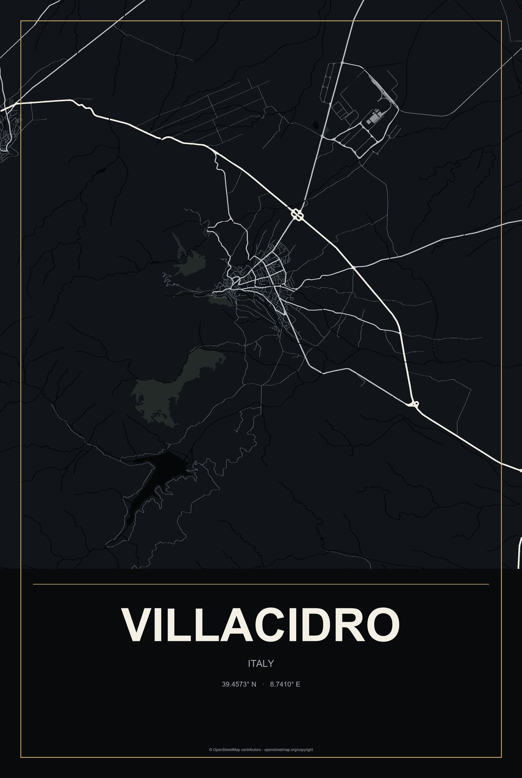 Villacidro, Italy City Map Aluminum Sign in Metropolitan Noir style