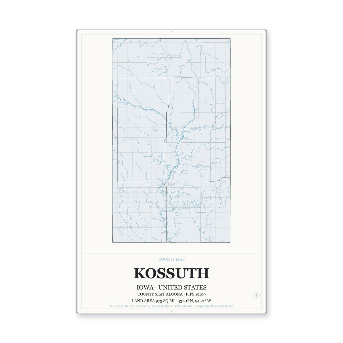 Kossuth County, Iowa Map Aluminum Sign in Gallery Air style