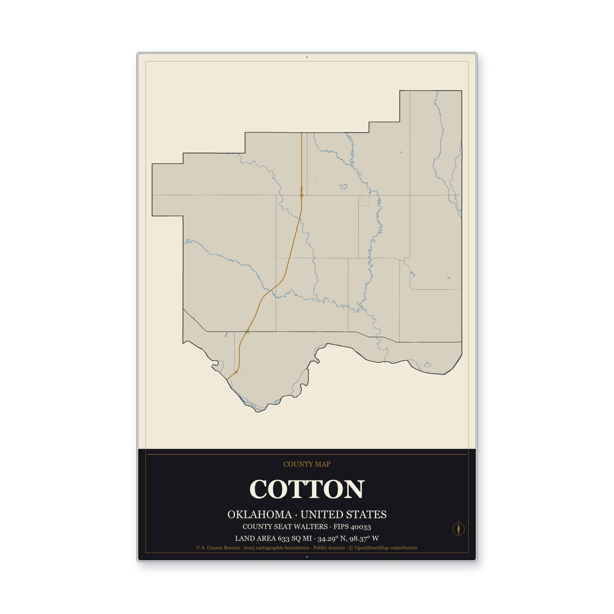 Cotton County, Oklahoma Map Aluminum Sign in Museum Plaque style