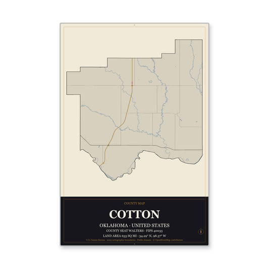 Cotton County, Oklahoma Map Aluminum Sign in Museum Plaque style
