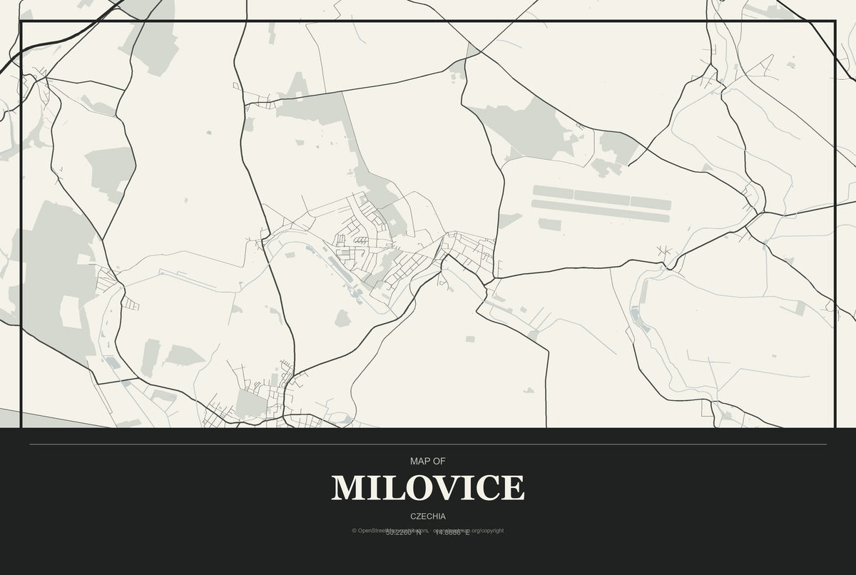 Milovice, Czechia City Map Aluminum Sign in Museum Plaque style