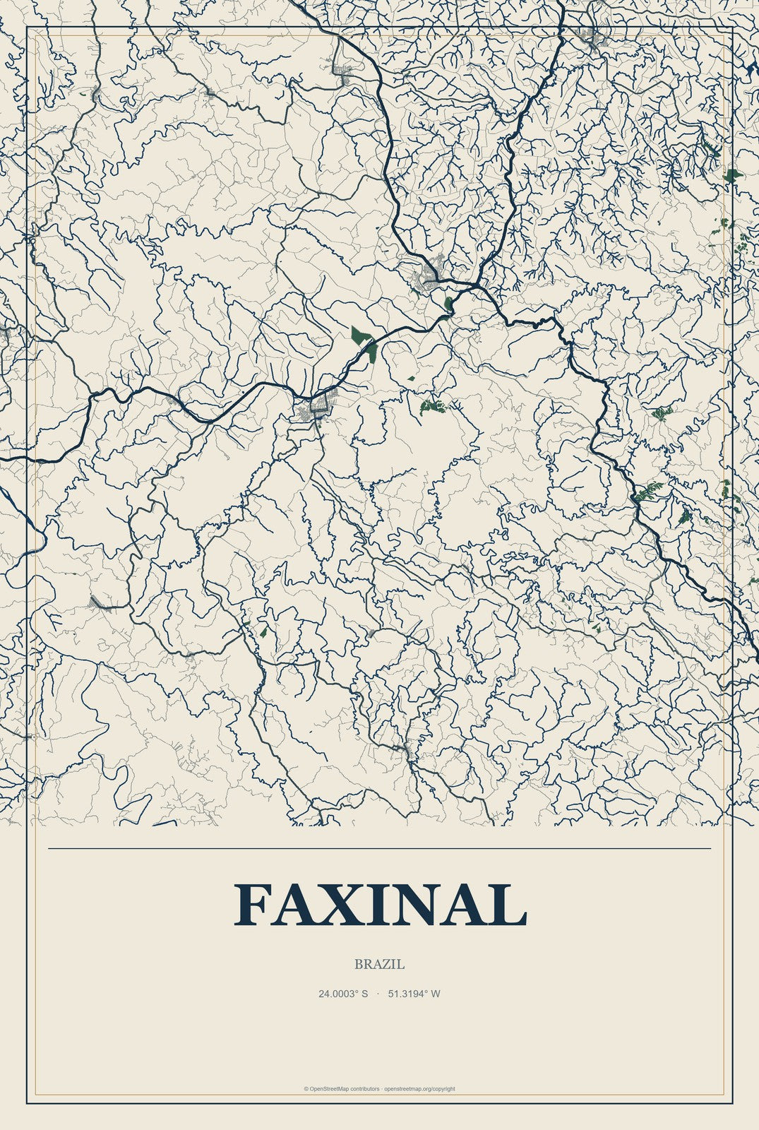 Faxinal, Brazil City Map Aluminum Sign in Coastal Cutout style