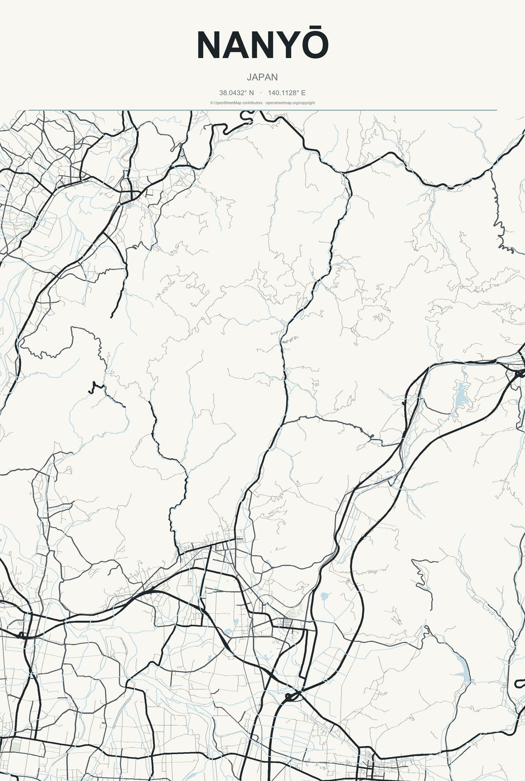 Nanyō, Japan City Map Aluminum Sign in Headline Atlas style