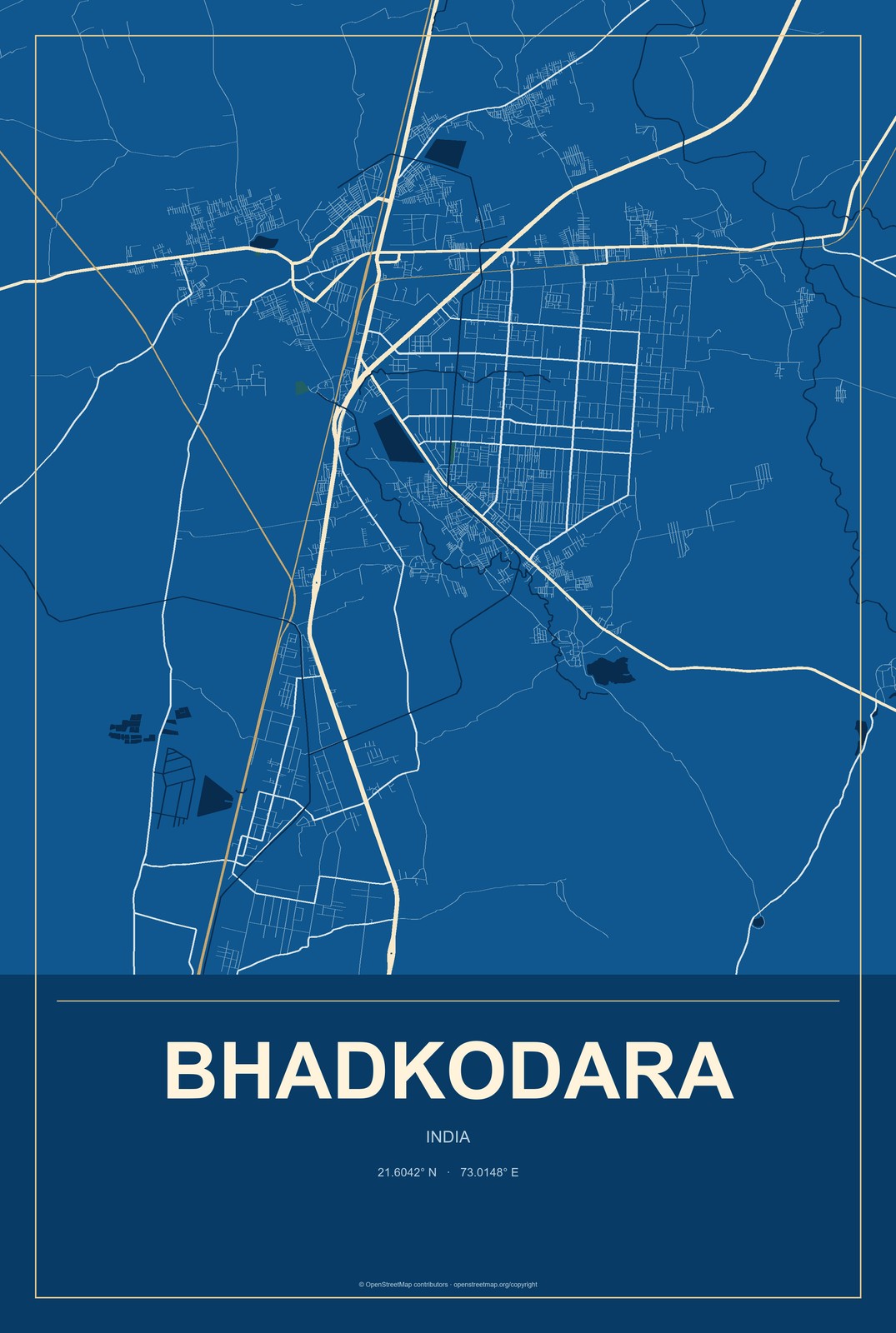 Bhadkodara, India City Map Aluminum Sign in Harbor Cobalt style