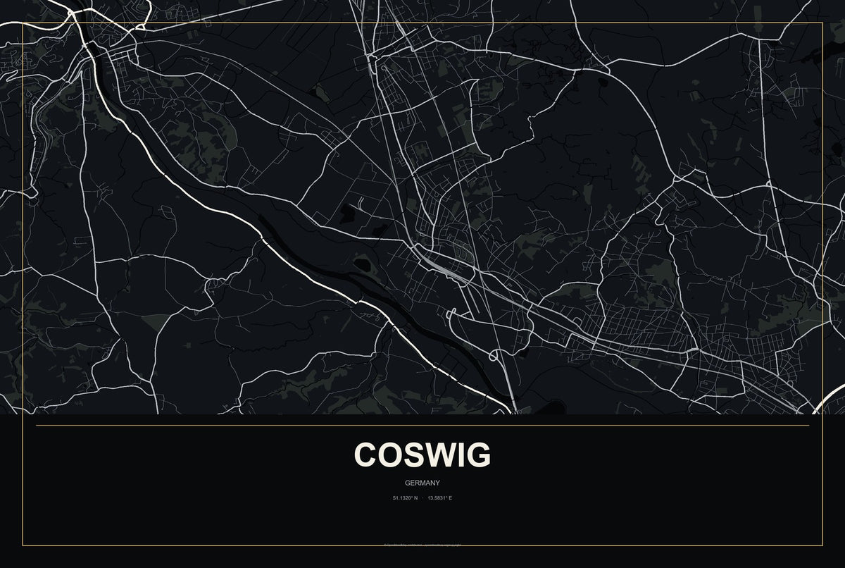Coswig, Germany City Map Aluminum Sign in Metropolitan Noir style