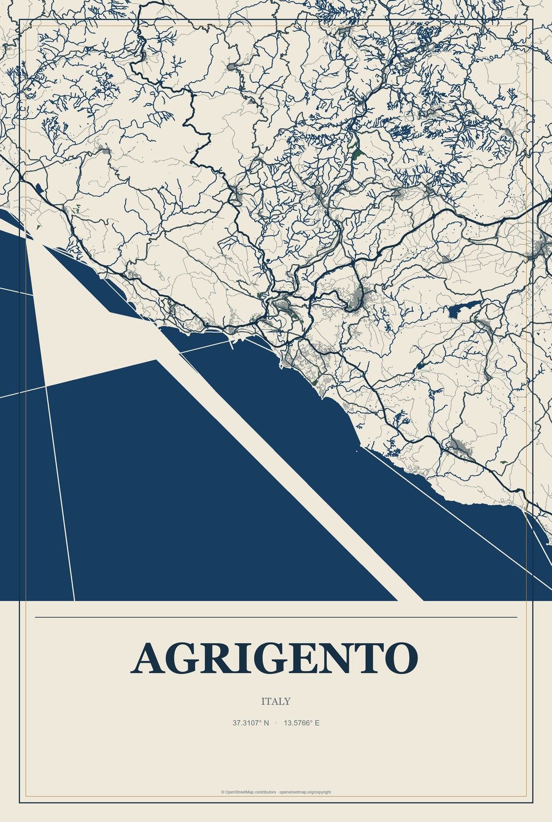 Agrigento, Italy City Map Aluminum Sign in Coastal Cutout style
