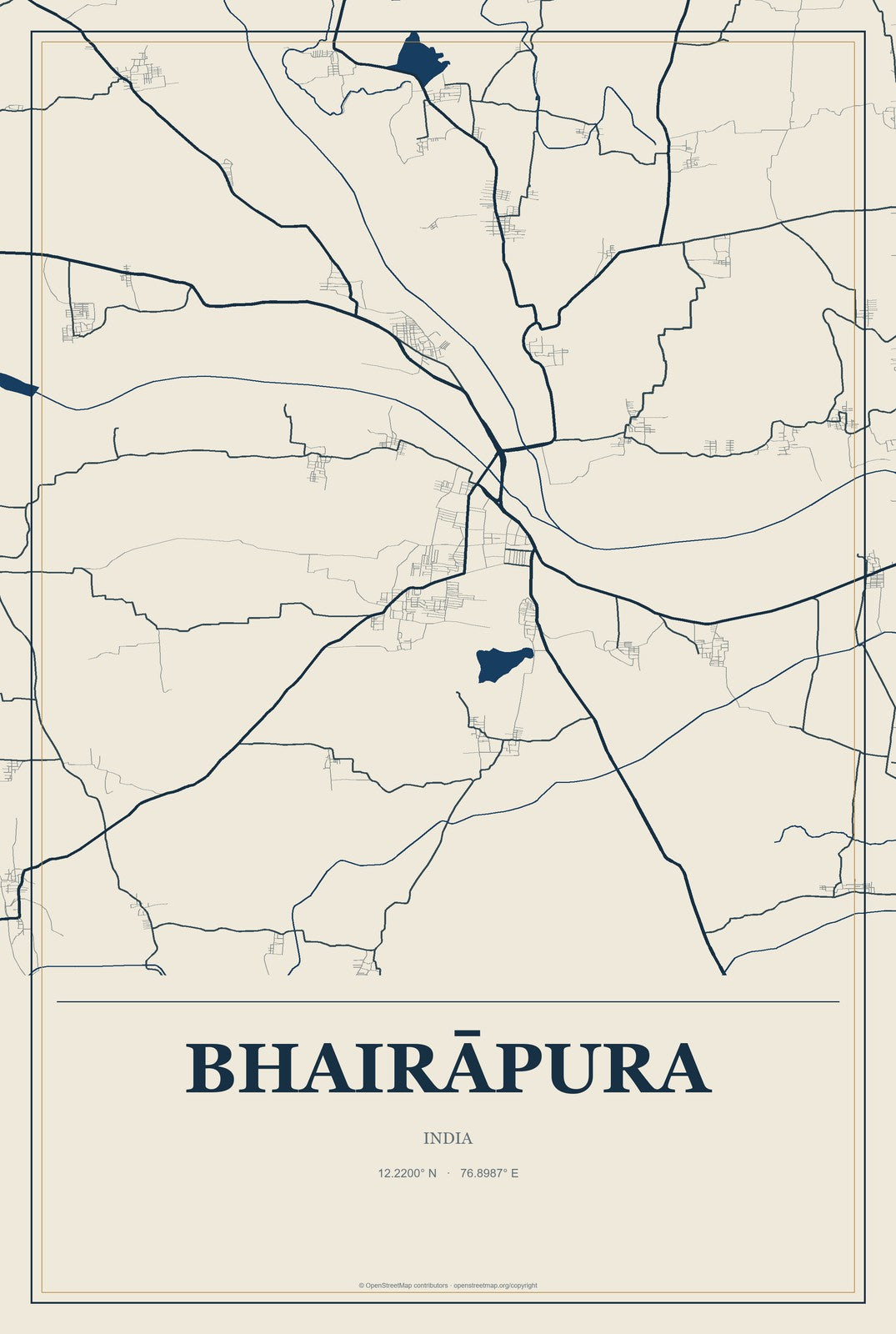 Bhairāpura, India City Map Aluminum Sign in Coastal Cutout style