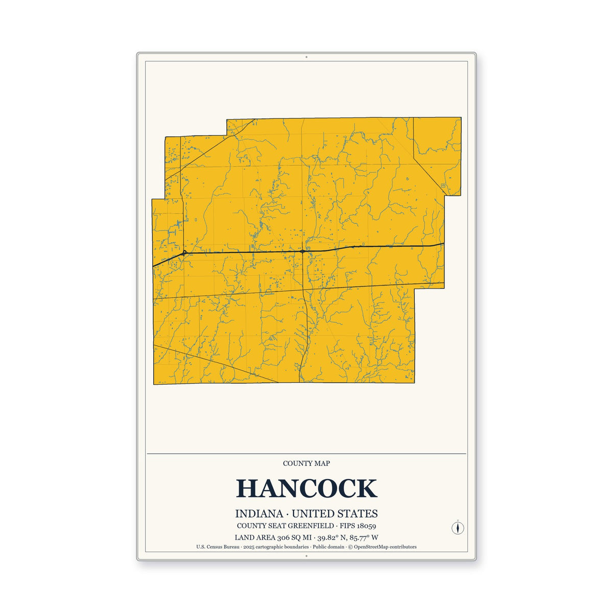 Hancock County, Indiana Map Aluminum Sign in Citrine Modern style
