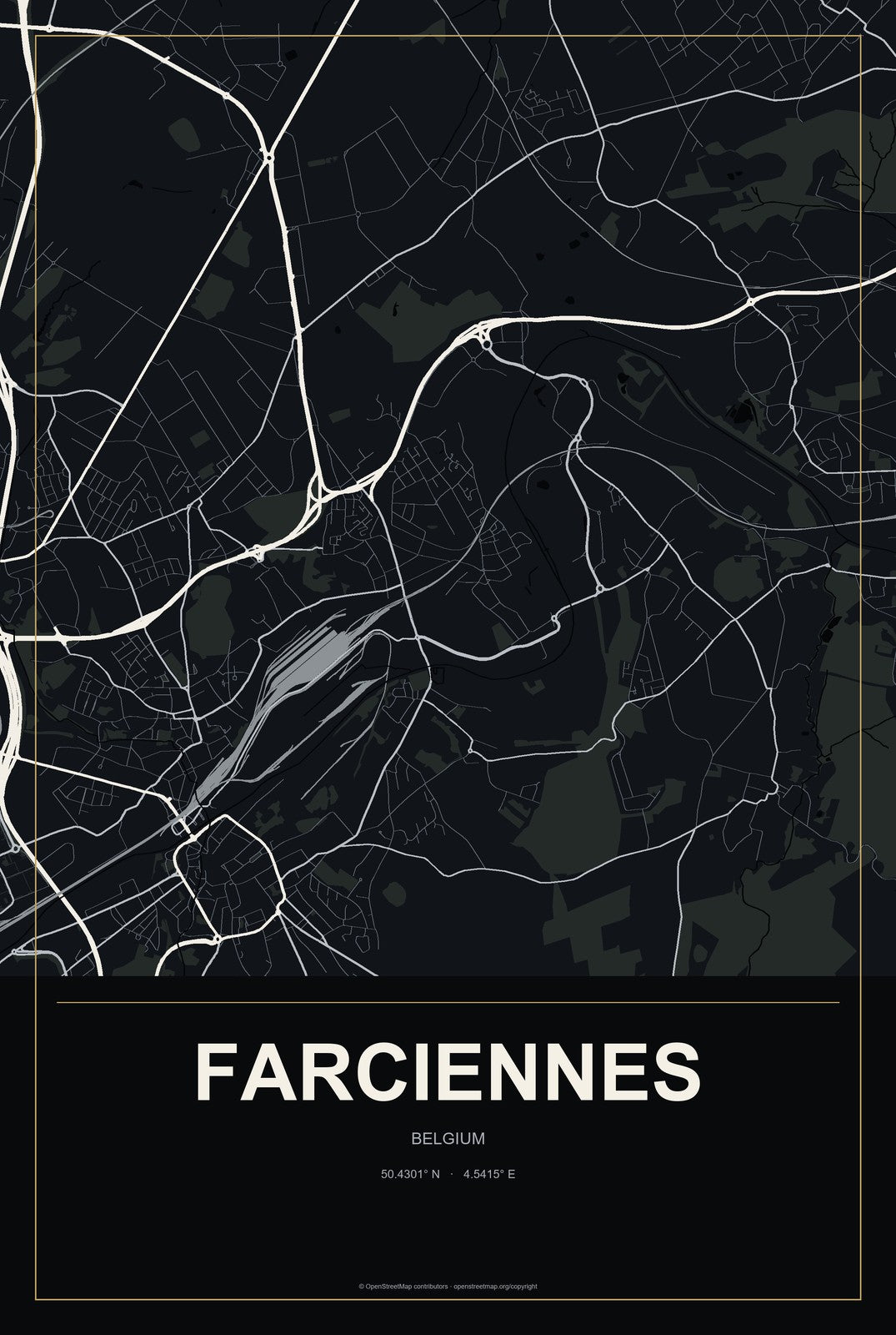 Farciennes, Belgium City Map Aluminum Sign in Metropolitan Noir style