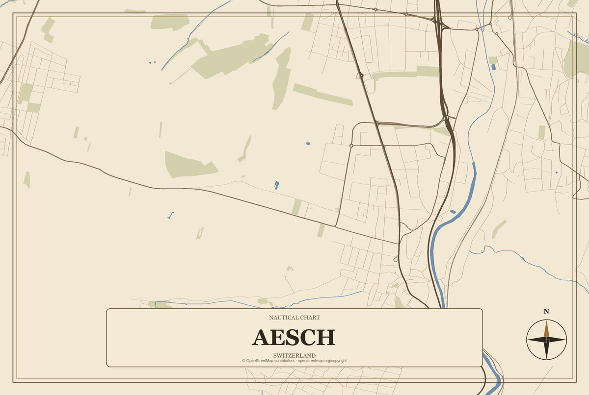 Aesch, Switzerland City Map Aluminum Sign in Heritage Nautical style