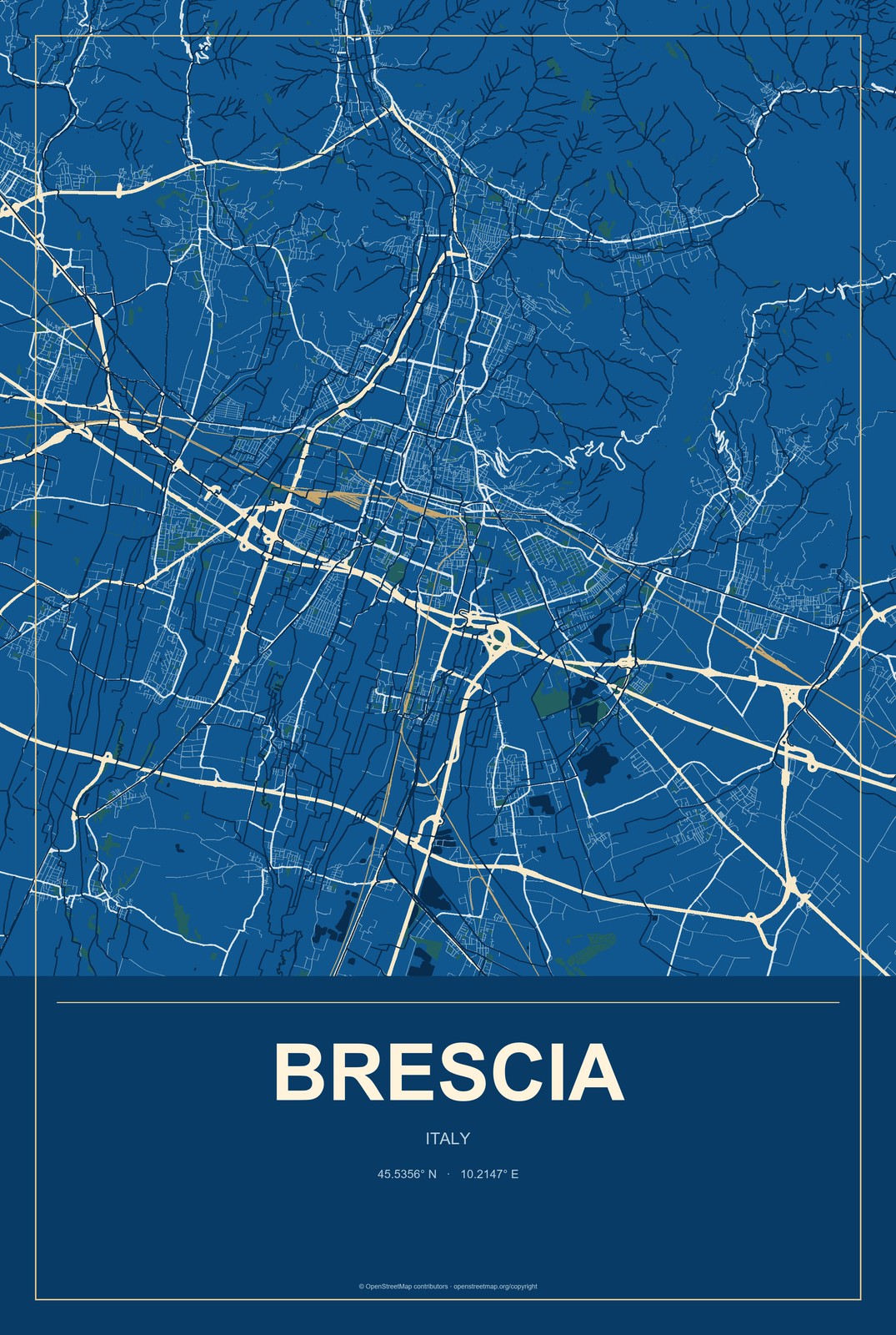 Brescia, Italy City Map Aluminum Sign in Harbor Cobalt style