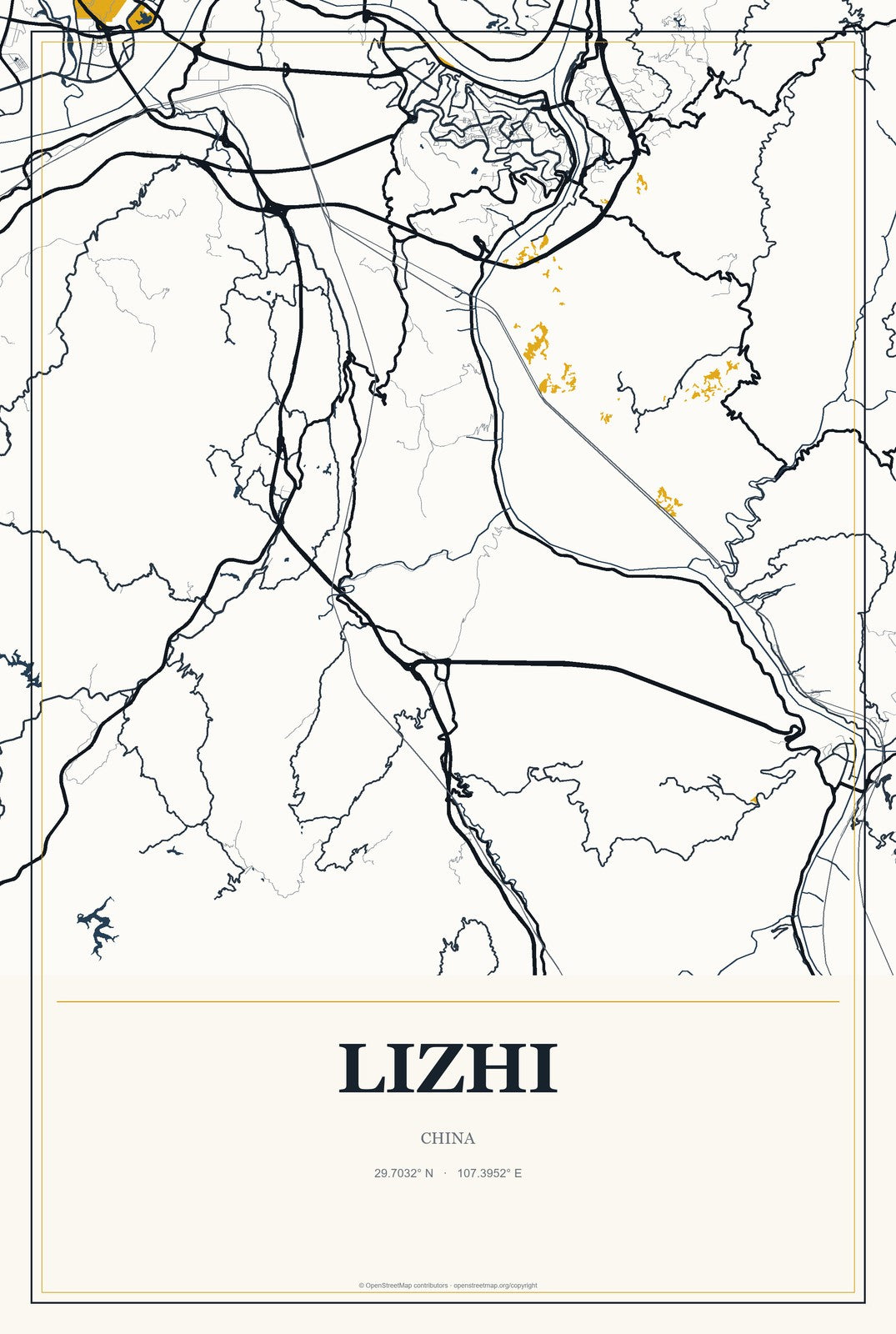 Lizhi, China City Map Aluminum Sign in Citrine Modern style