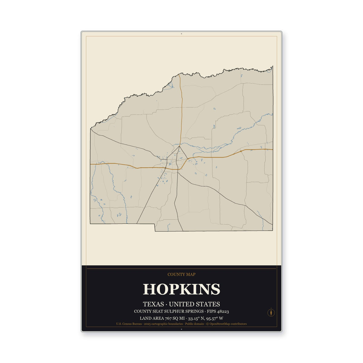Hopkins County, Texas Map Aluminum Sign in Museum Plaque style
