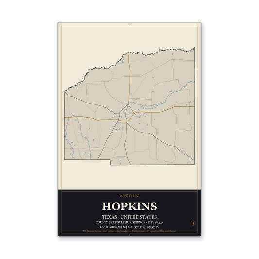 Hopkins County, Texas Map Aluminum Sign in Museum Plaque style