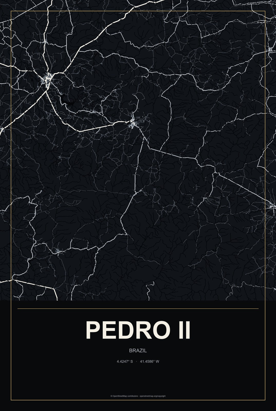 Pedro II, Brazil City Map Aluminum Sign in Metropolitan Noir style