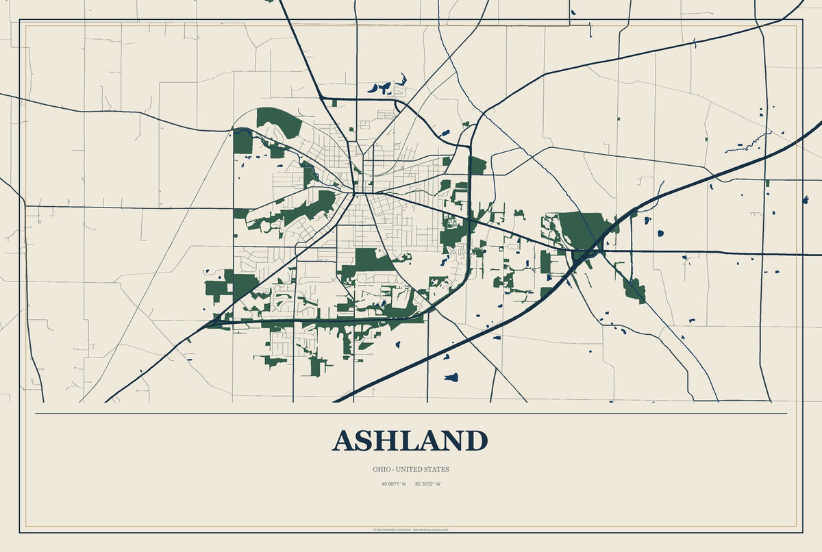 Ashland, Ohio City Map Aluminum Sign in Coastal Cutout style