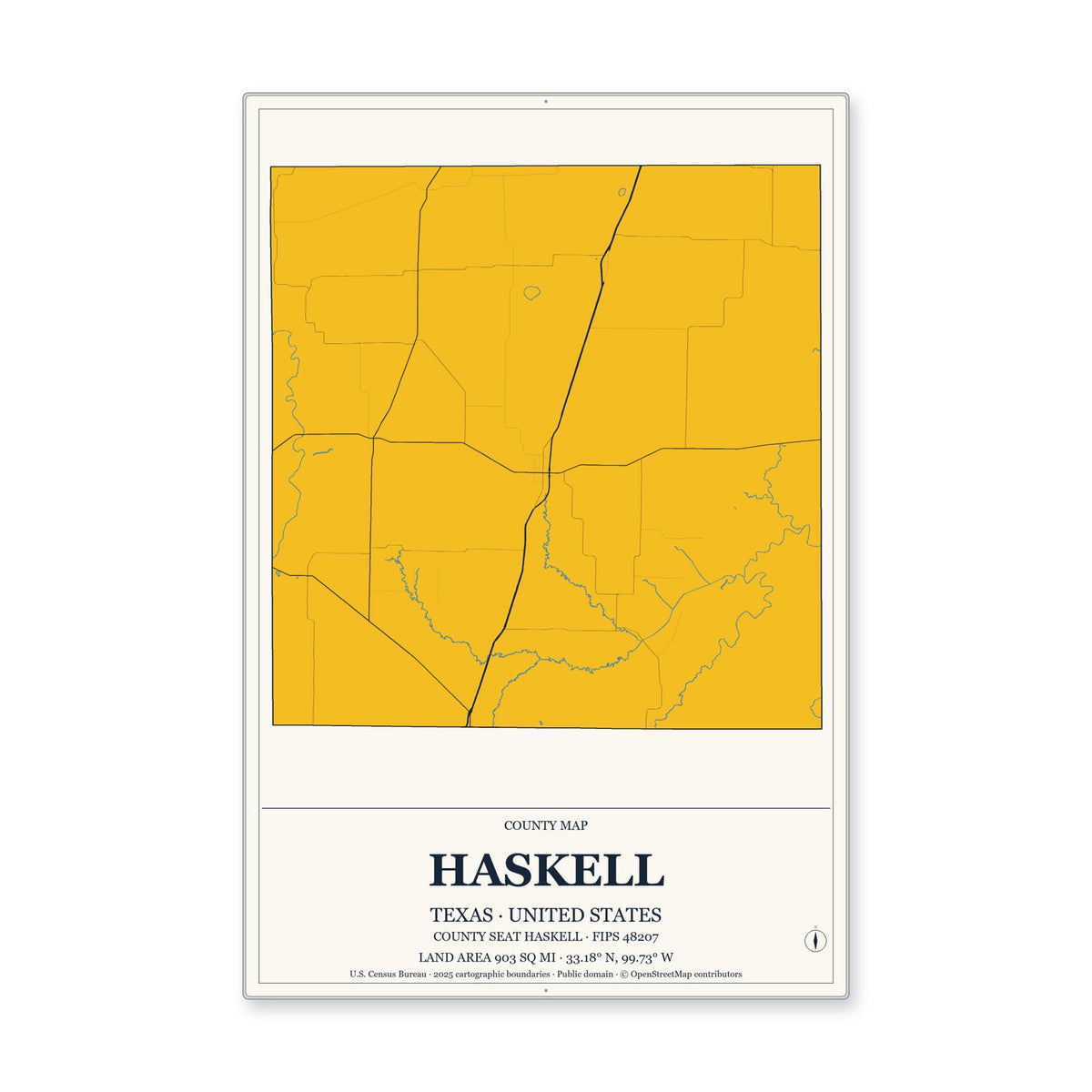 Haskell County, Texas Map Aluminum Sign in Citrine Modern style