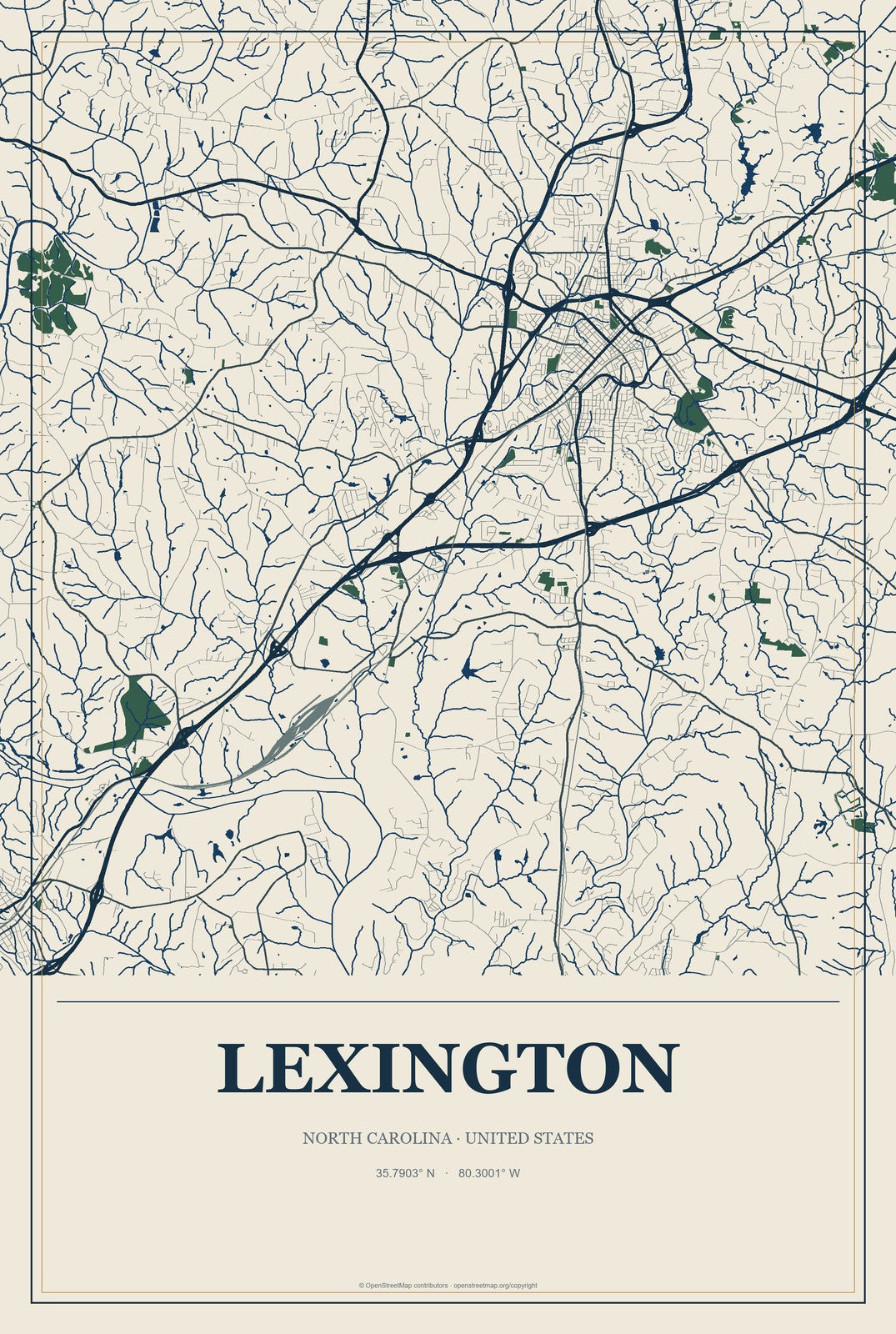 Lexington, North Carolina City Map Aluminum Sign in Coastal Cutout style