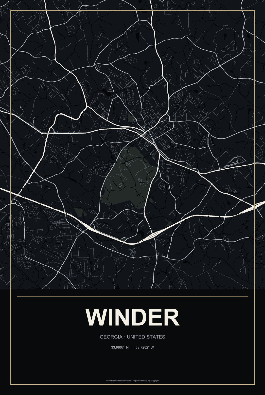 Winder, Georgia City Map Aluminum Sign in Metropolitan Noir style