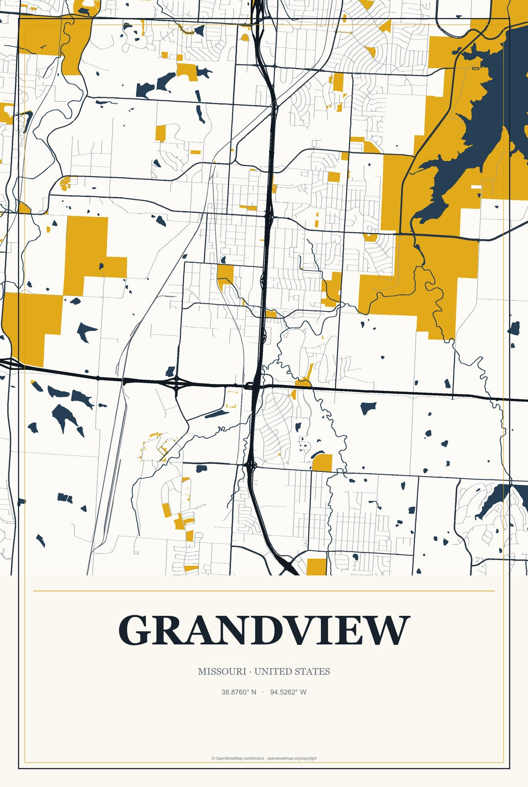 Grandview, Missouri City Map Aluminum Sign in Citrine Modern style