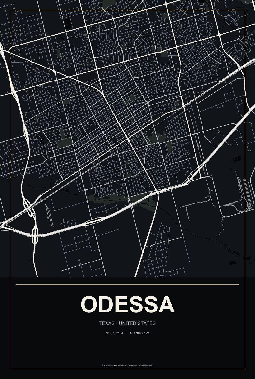 Odessa, Texas City Map Aluminum Sign in Metropolitan Noir style