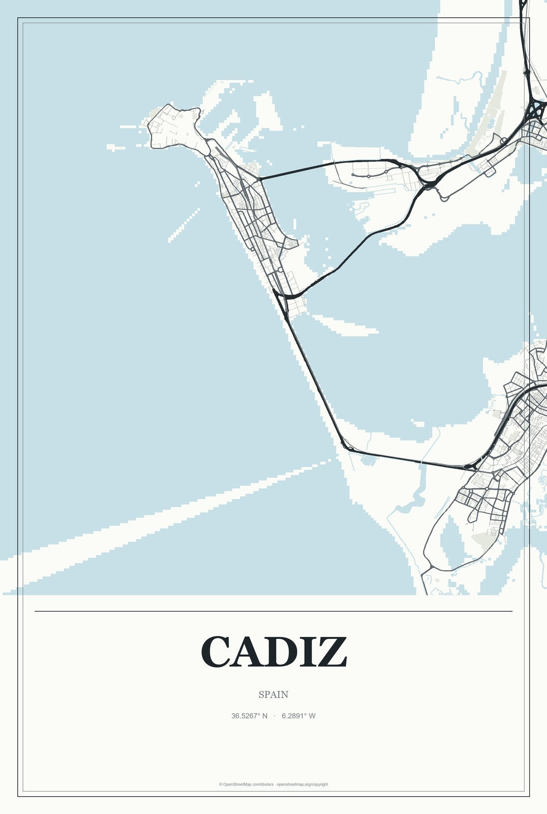 Cadiz, Spain City Map Aluminum Sign in Gallery Air style