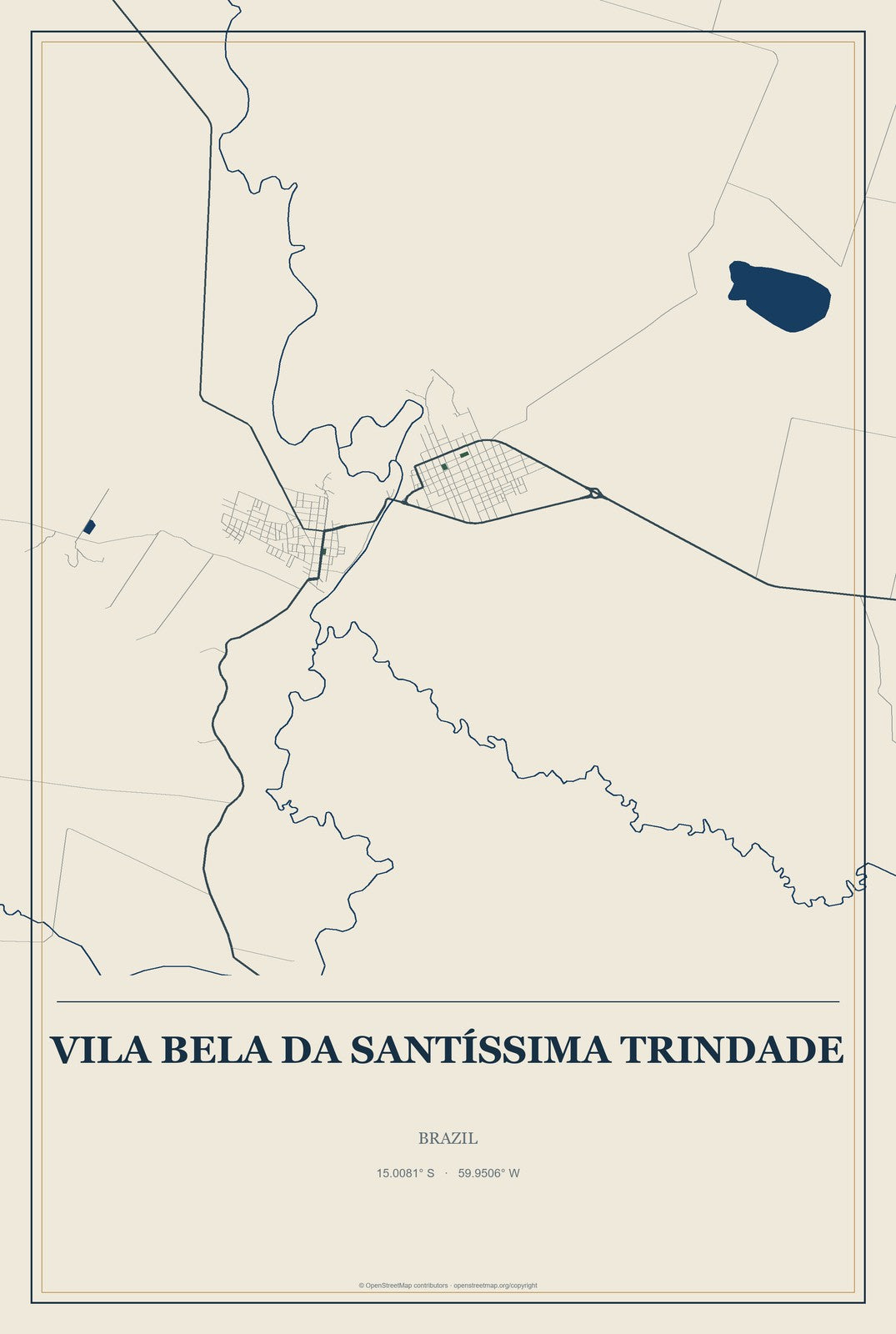 Vila Bela da Santíssima Trindade, Brazil City Map Aluminum Sign in Coastal Cutout style
