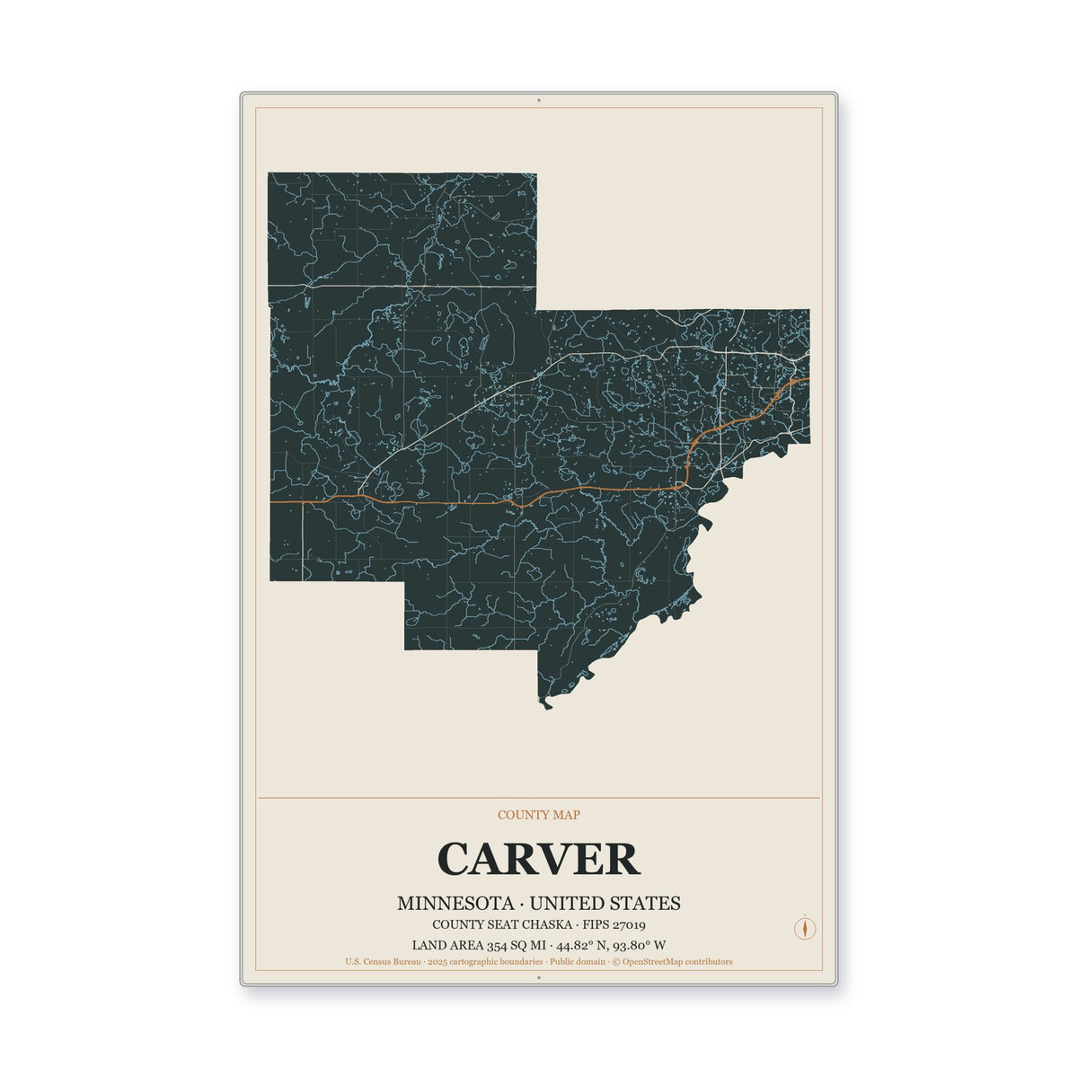 Carver County, Minnesota Map Aluminum Sign in Headline Atlas style