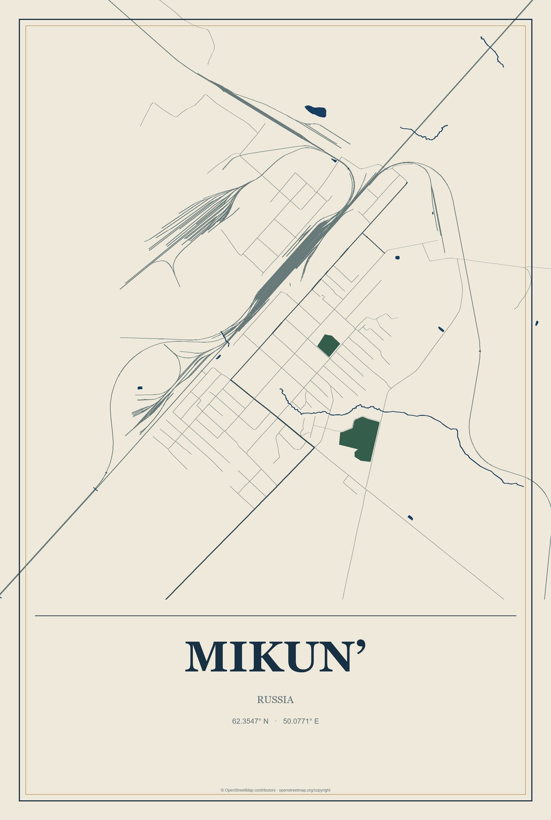 Mikun’, Russia City Map Aluminum Sign in Coastal Cutout style
