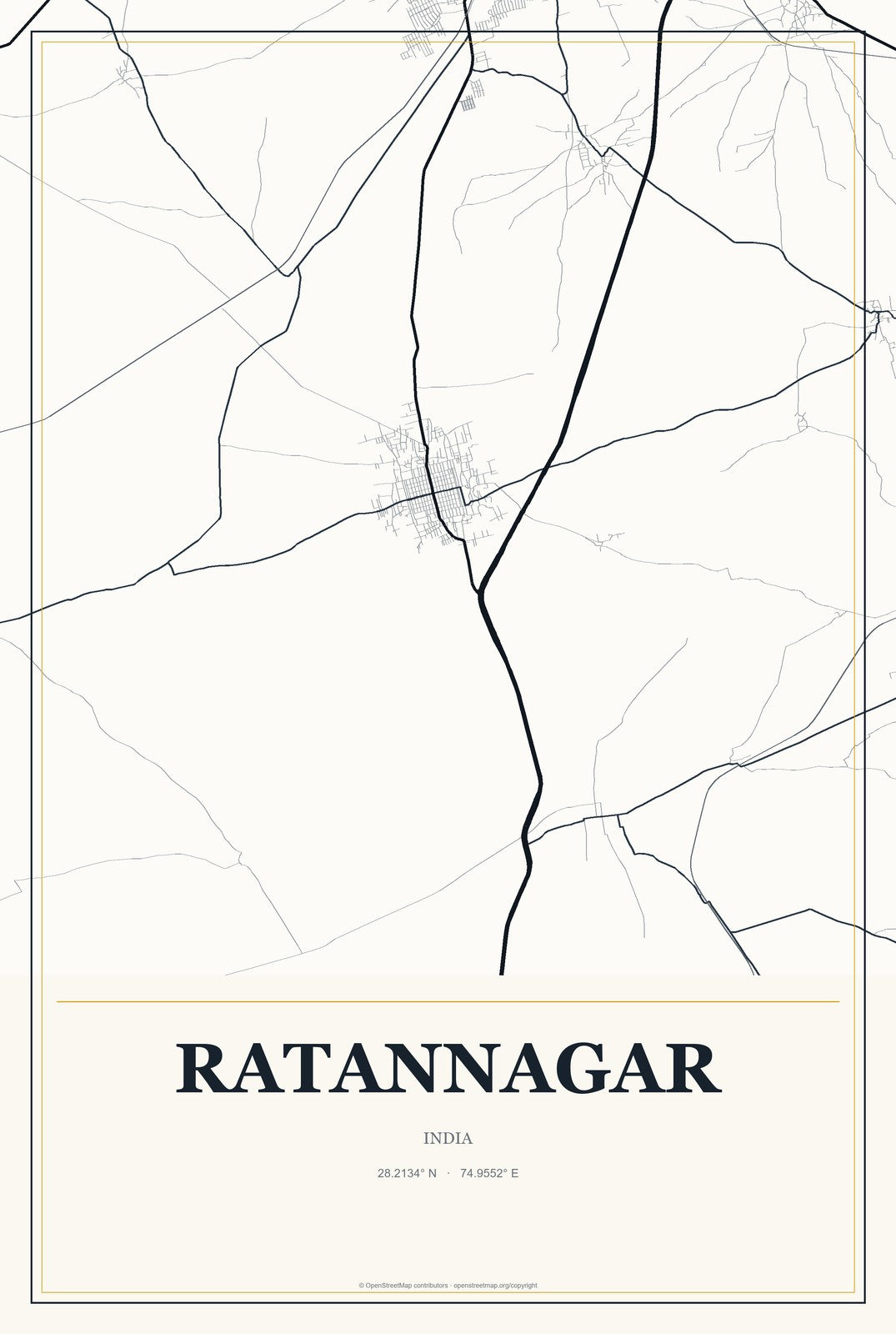 Ratannagar, India City Map Aluminum Sign in Citrine Modern style