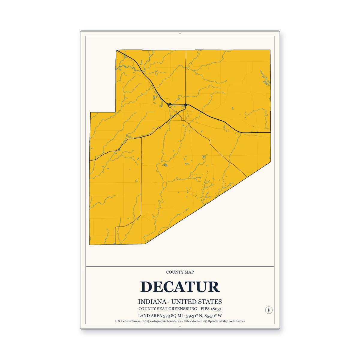 Decatur County, Indiana Map Aluminum Sign in Citrine Modern style