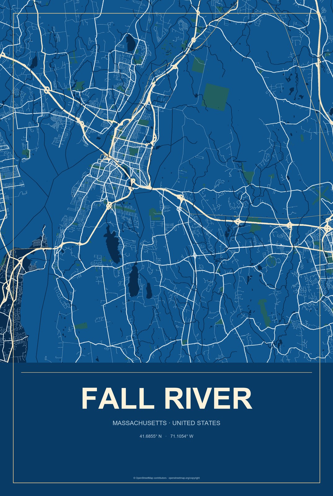 Fall River, Massachusetts City Map Aluminum Sign in Harbor Cobalt style