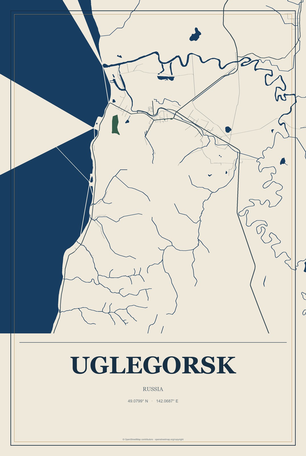 Uglegorsk, Russia City Map Aluminum Sign in Coastal Cutout style