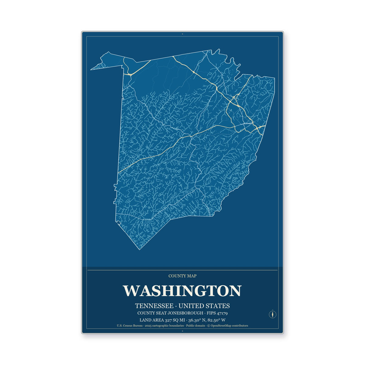 Washington County, Tennessee Map Aluminum Sign in Harbor Cobalt style
