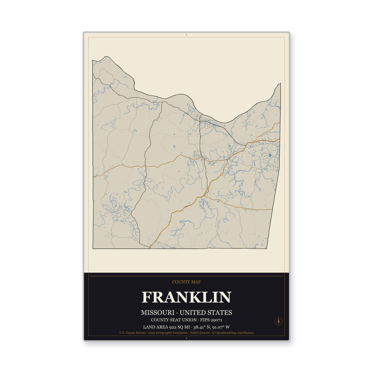 Franklin County, Missouri Map Aluminum Sign in Museum Plaque style
