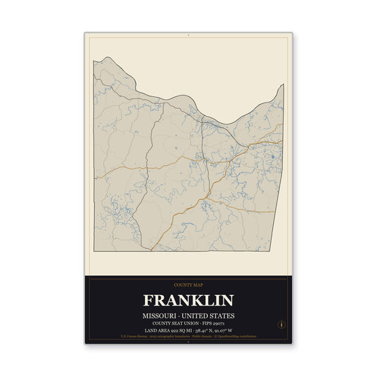 Franklin County, Missouri Map Aluminum Sign in Museum Plaque style