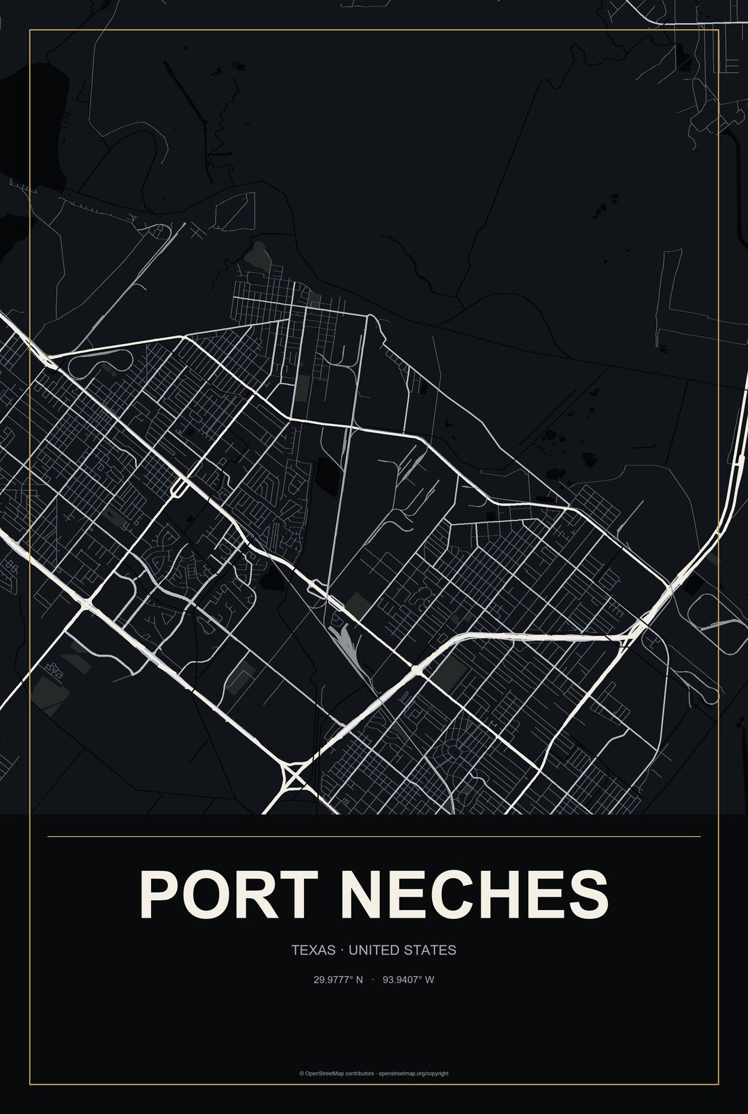 Port Neches, Texas City Map Aluminum Sign in Metropolitan Noir style