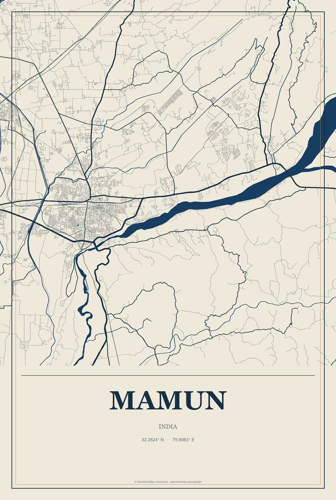 Mamun, India City Map Aluminum Sign in Coastal Cutout style