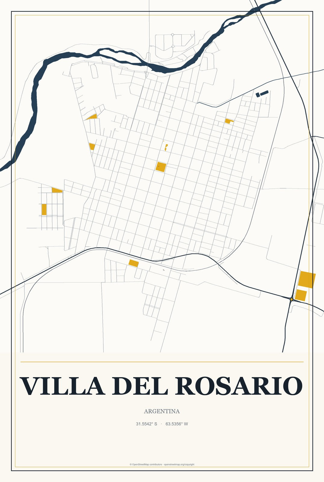 Villa del Rosario, Argentina City Map Aluminum Sign in Citrine Modern style