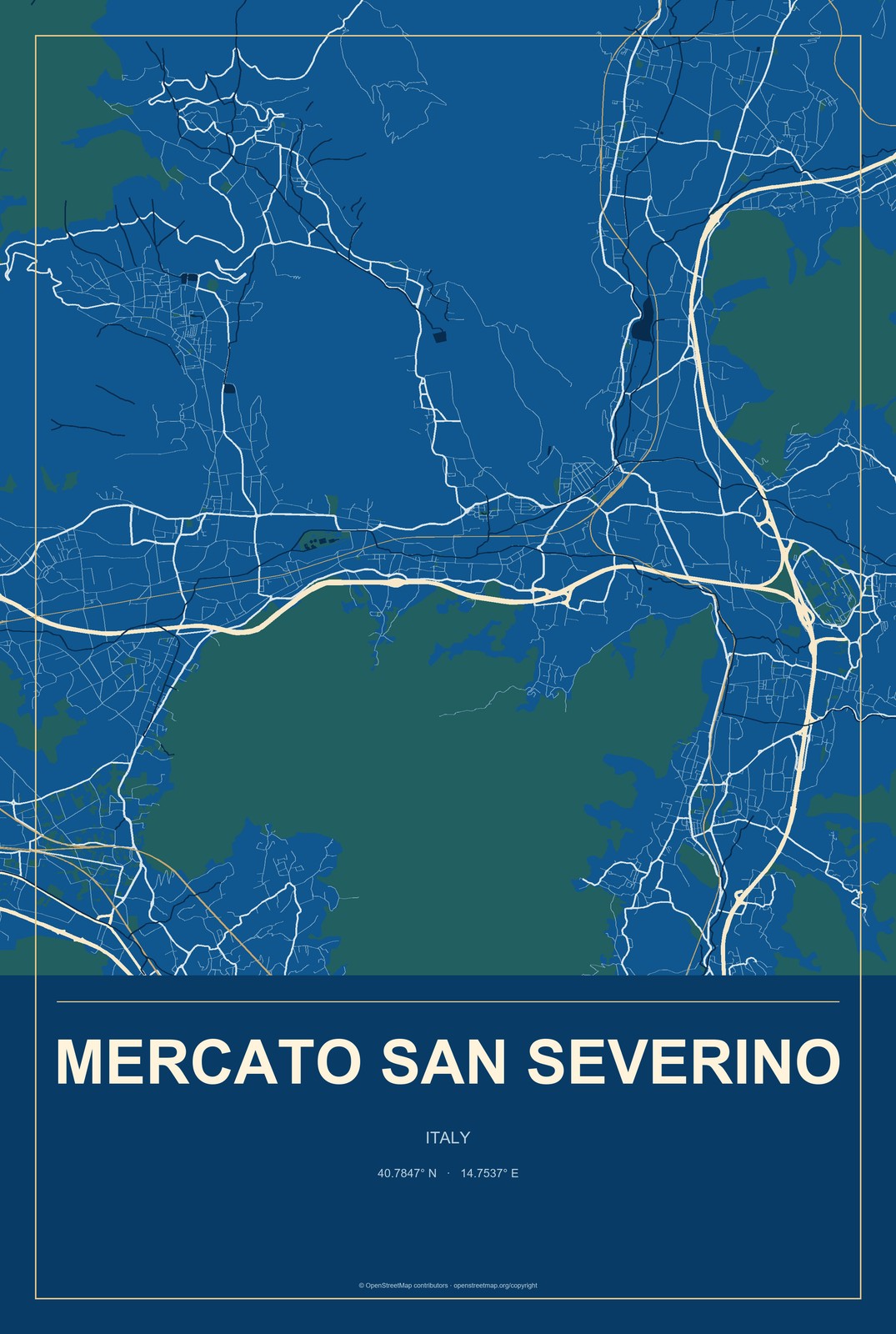 Mercato San Severino, Italy City Map Aluminum Sign in Harbor Cobalt style
