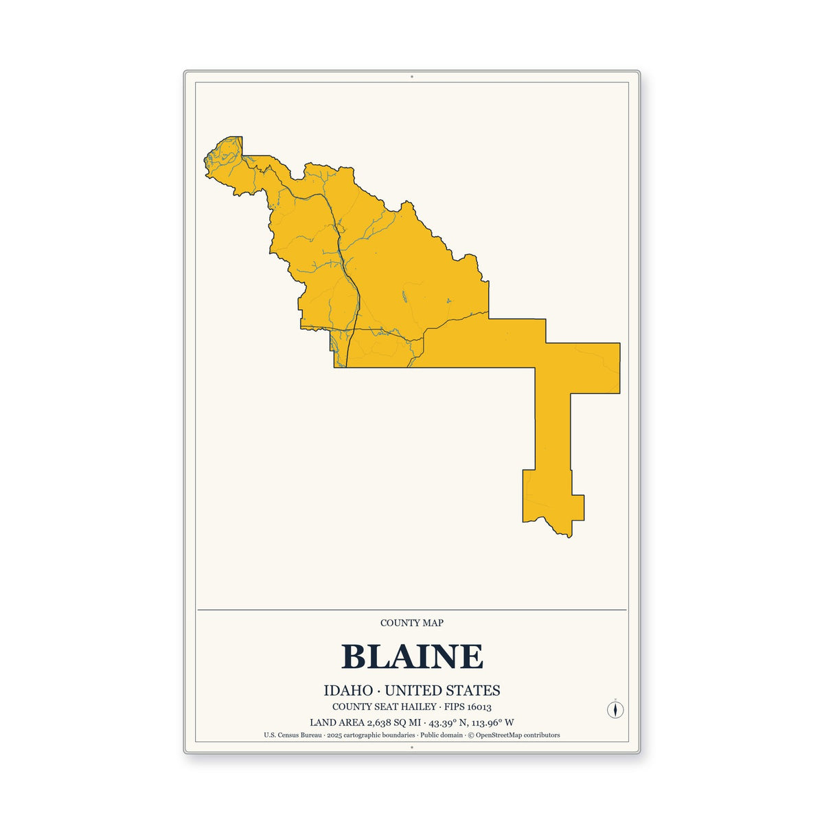 Blaine County, Idaho Map Aluminum Sign in Citrine Modern style