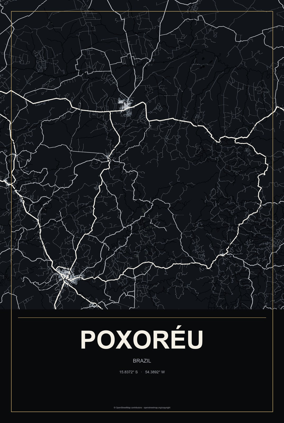 Poxoréu, Brazil City Map Aluminum Sign in Metropolitan Noir style