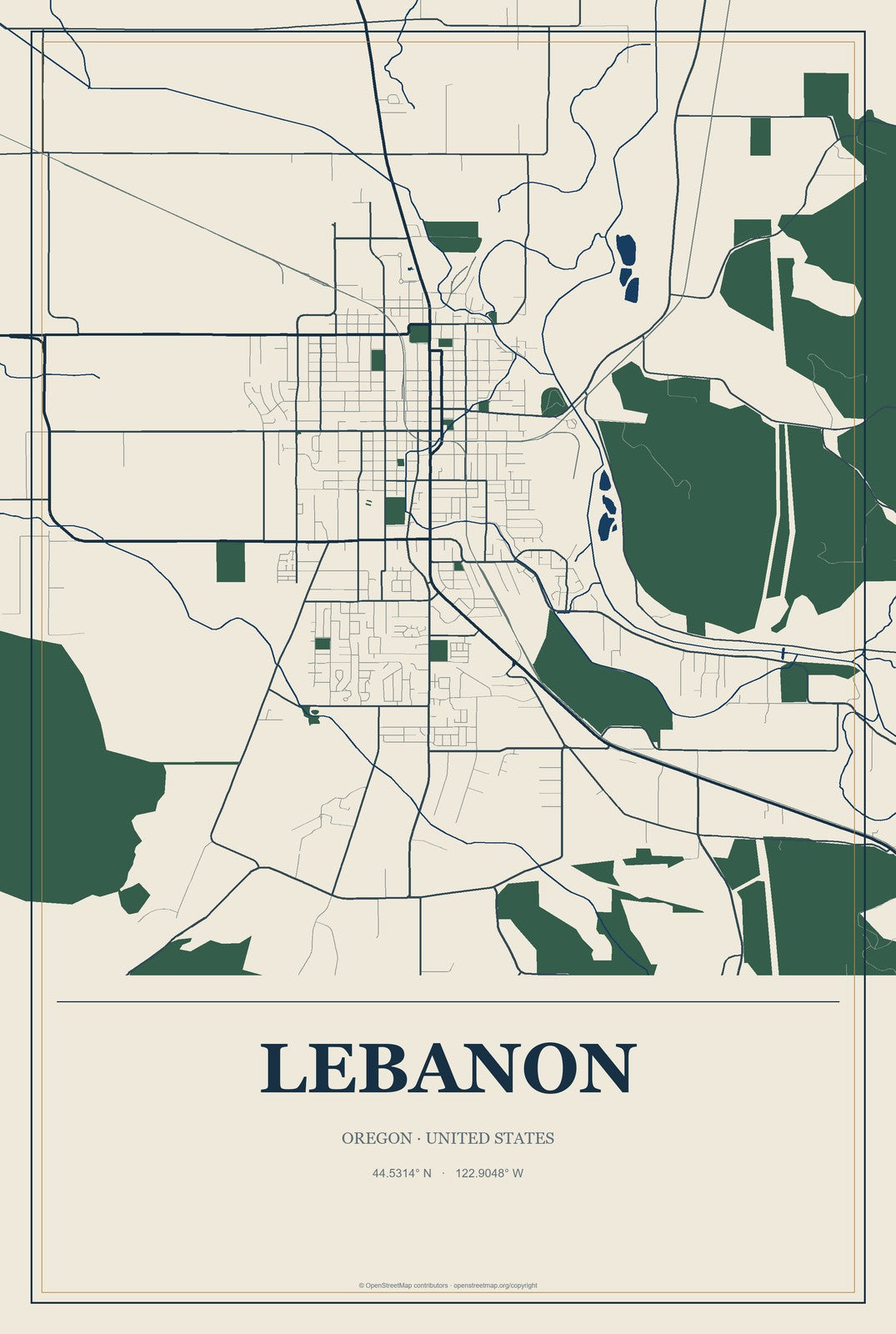 Lebanon, Oregon City Map Aluminum Sign in Coastal Cutout style