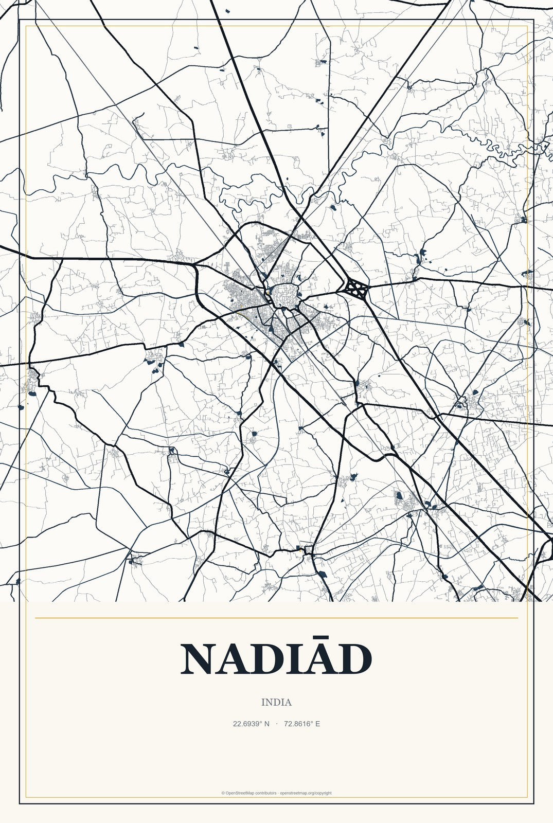 Nadiād, India City Map Aluminum Sign in Citrine Modern style
