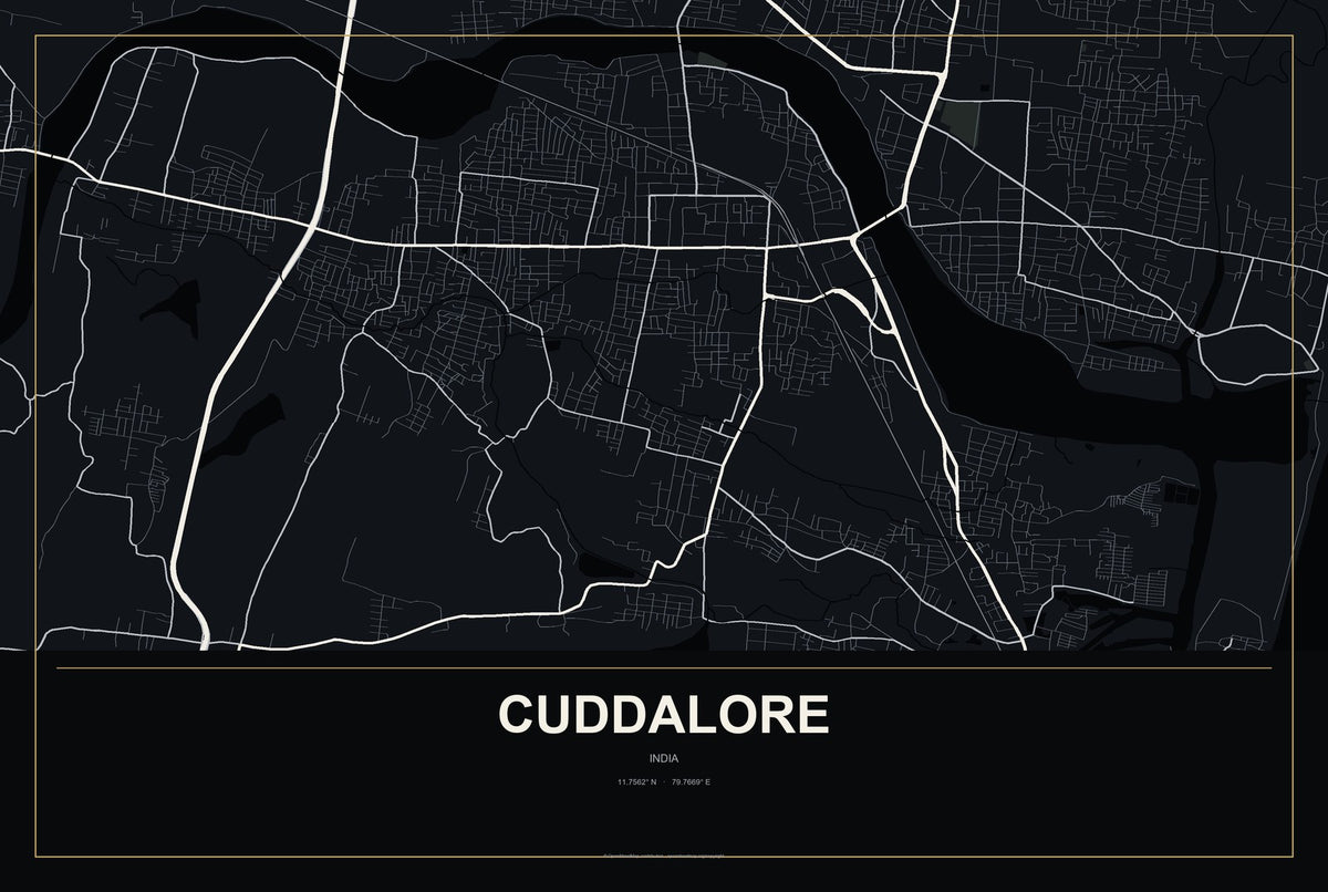 Cuddalore, India City Map Aluminum Sign in Metropolitan Noir style
