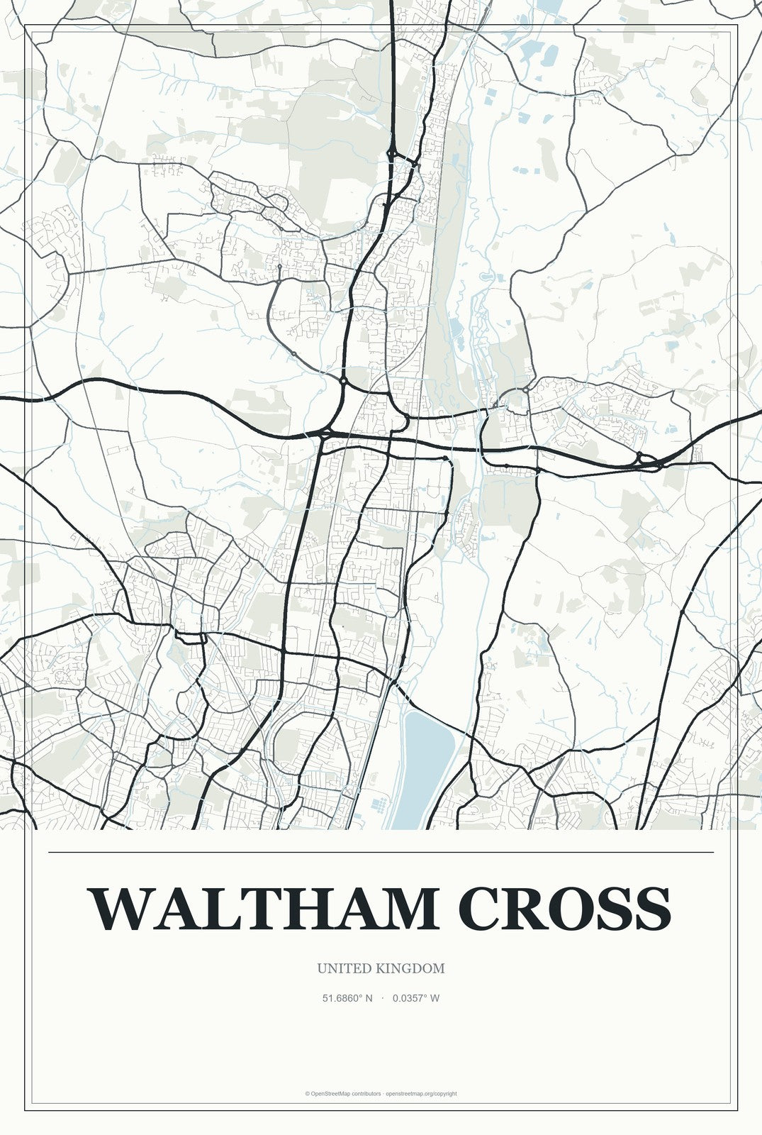 Waltham Cross, United Kingdom City Map Aluminum Sign in Gallery Air style