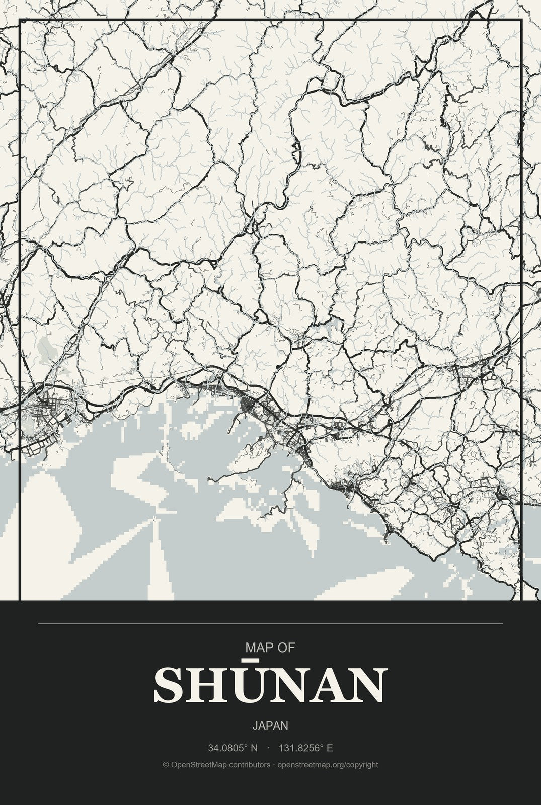Shūnan, Japan City Map Aluminum Sign in Museum Plaque style