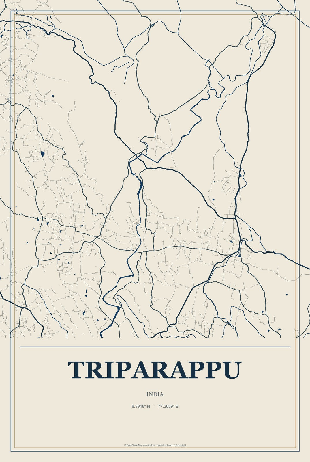 Triparappu, India City Map Aluminum Sign in Coastal Cutout style